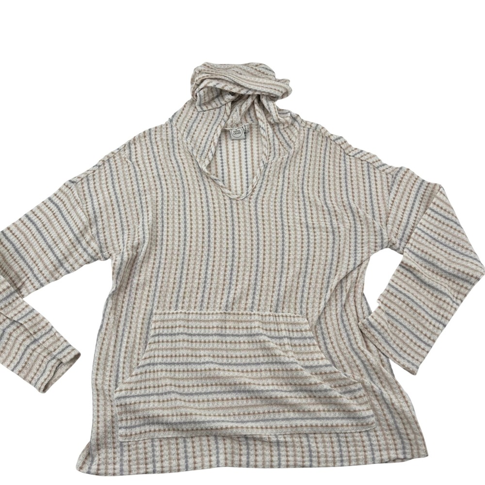 Paper Crane Women's Waffle Knit Hoodie Striped V-Neck Pullover Tan Grey XS